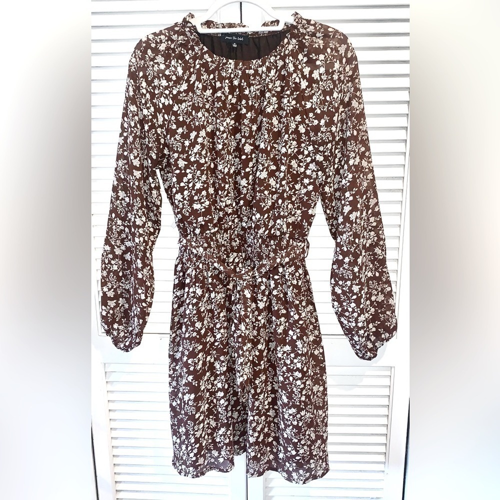 Jacque The Label Brown Floral long sleeve Smock Dress MIDI  Medium